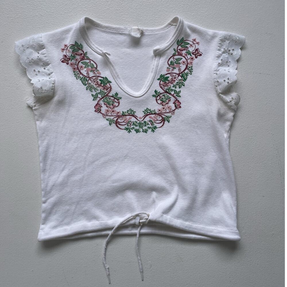 Vtg 70’s White Floral Cropped Ruffle Lace Crop Top Sz L Cotton Retro Boho Hippie